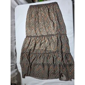 Geometric Chevron Tiered Maxi Skirt Green Rust Tan Boho Elastic Waist Small